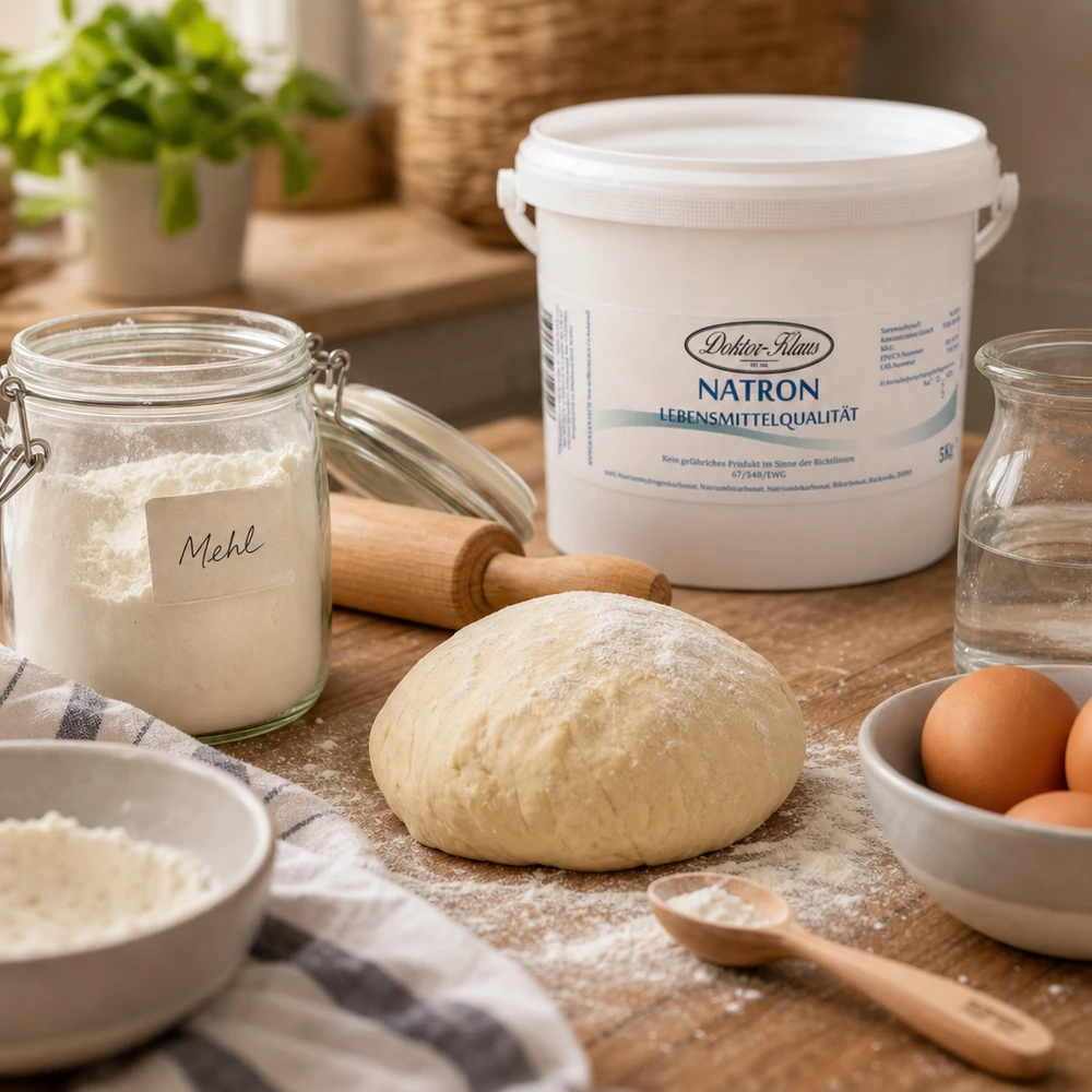 Bicarbonate de soude Doktor Klaus, seau de 5 kg, apte à l’utilisation alimentaire Bicarbonate de soude Docteur Klaus 5kg pour les applications de cuisson avec de la pâte, de la farine et des œufs sur une surface en bois rustique