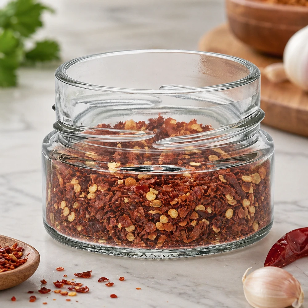 80ml Verre rond sans couvercle (TO58deep) UNiTWIST UNiTWIST Runda80 Verre rond 80ml TO58deep rempli de flocons d'épices rouges sur plan de travail de cuisine en marbre