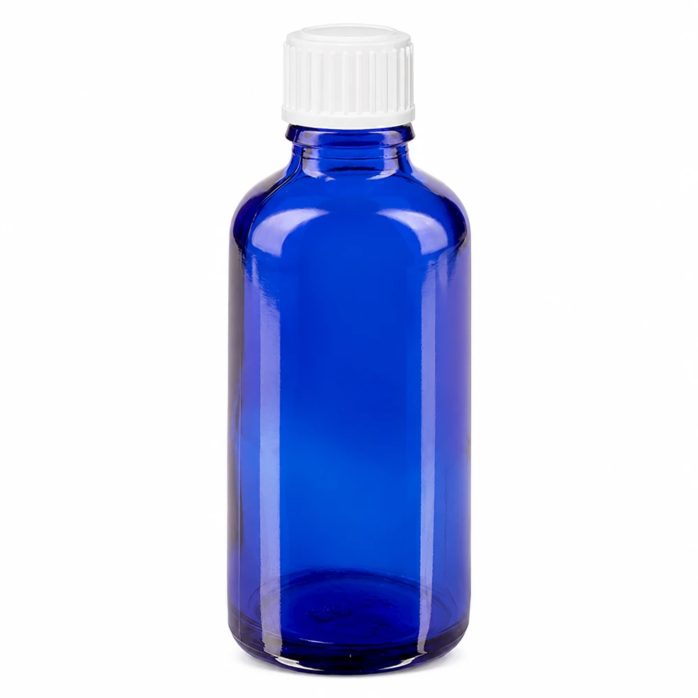 Flacon compte-gouttes STD bleu cobalt de 50 ml, muni d'un compte-gouttes de 0,9 mm et d'un bouchon à vis blanc à l'épreuve des enfants