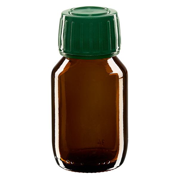 Flacon médical 50 ml couleur ambrée avec bouchon verte Flacon médical 50 ml couleur ambrée avec bouchon verte