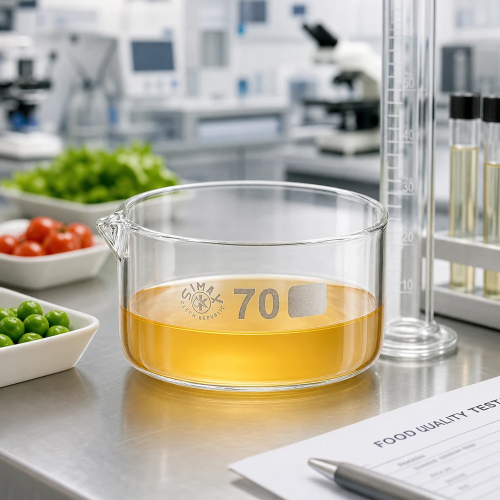 Coupelle de cristallisation 100 ml avec bec verseur Coupelle de laboratoire plate de 100 ml en verre borosilicaté, utilisée pour les contrôles de qualité des denrées alimentaires en laboratoire