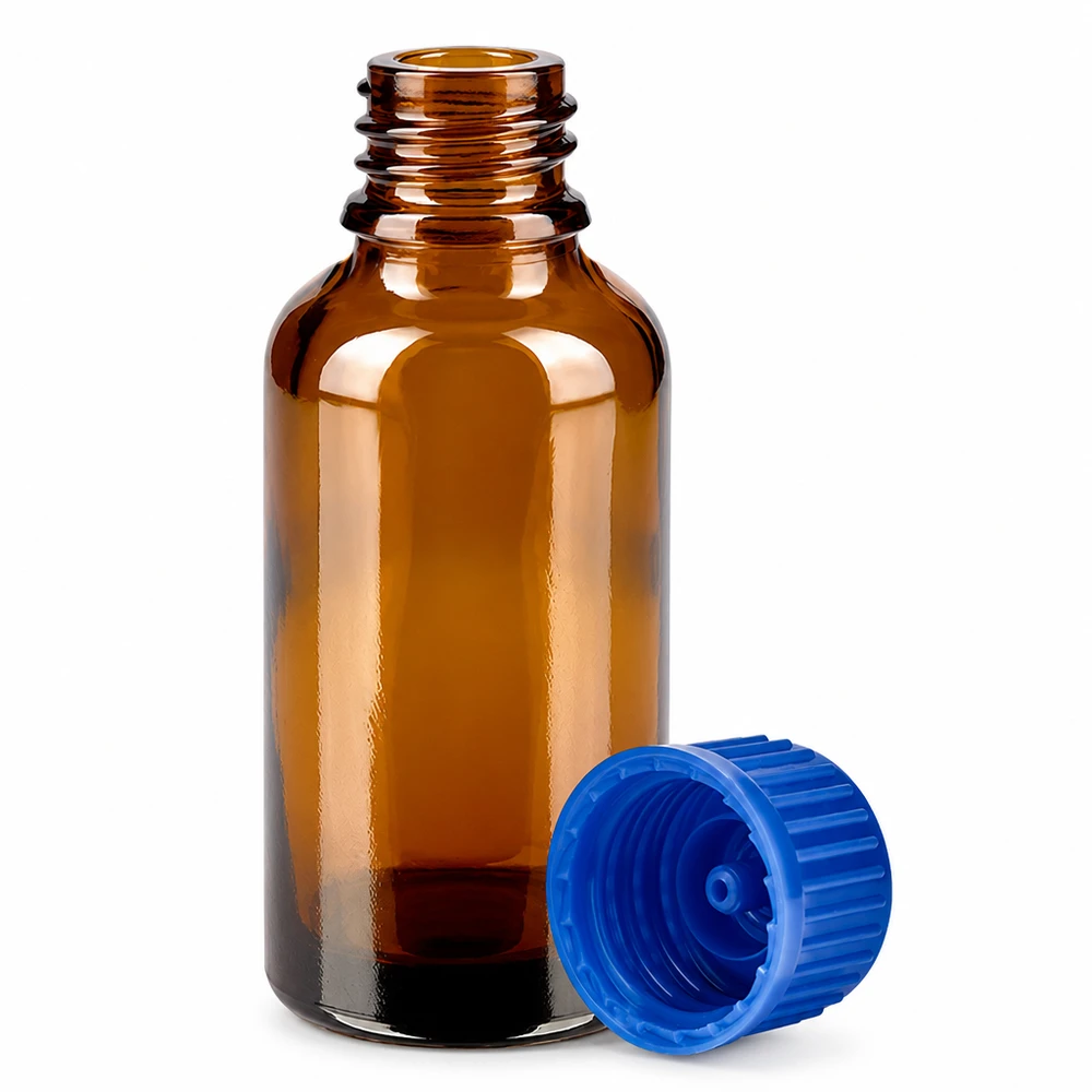 Flacon de 30ml 11mm SV bleu STD BrownLine UT18/30 Flacon en verre brun anti-UV de 30 ml avec système de fermeture bleu étanche