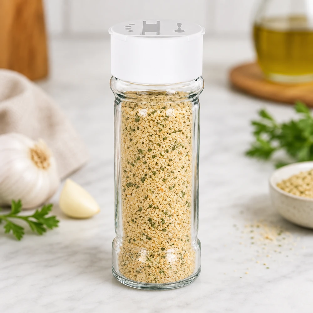 Pot à sel/épices 100 ml avec double saupoudreuse, blanc Pot en verre transparent de 100 ml avec couvercle en plastique blanc, rempli de sel à l'ail et d'herbes aromatiques
