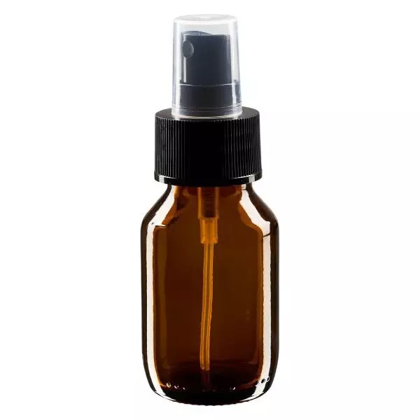 Flacon médical norme européenne de 50 ml avec spray noir GCMI 28/410 et couvercle transparent, standard Flacon médical norme européenne de 50 ml avec spray noir GCMI 28/410 et couvercle transparent, standard