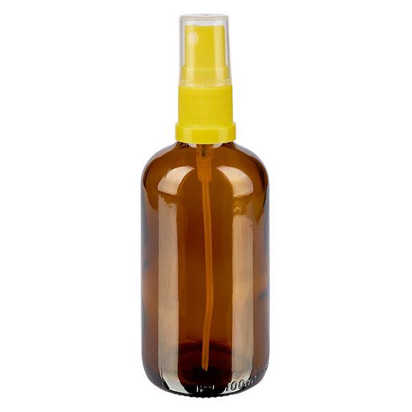 Flacon de pharmacie brun 100ml embout spray jaune Flacon de pharmacie brun 100ml embout spray jaune