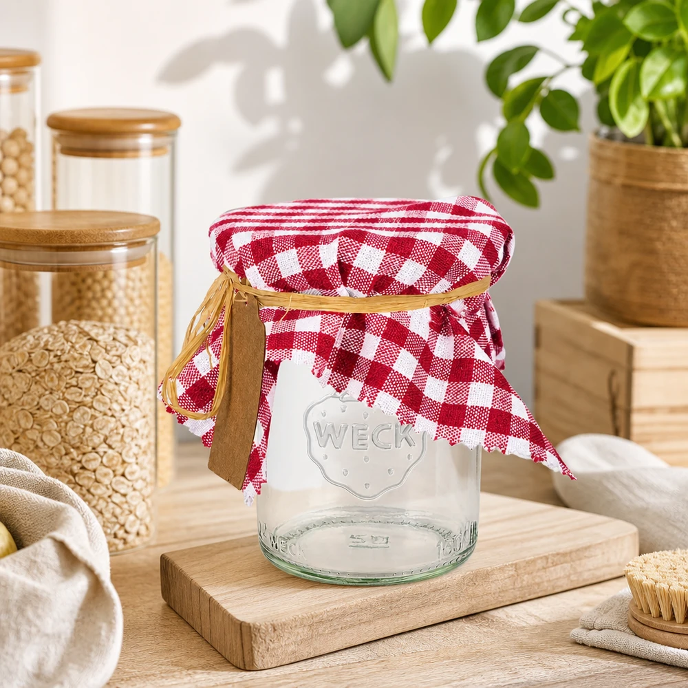 Couverture en tissu à carreaux bordeaux sur bocal dans une cuisine scandinave avec accessoires en bois et plantes vertes