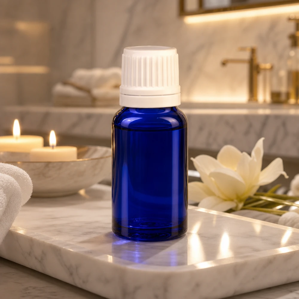 Flacon compte-gouttes bleu de 10 ml en verre anti-UV, à côté d'une fleur blanche dans une ambiance spa