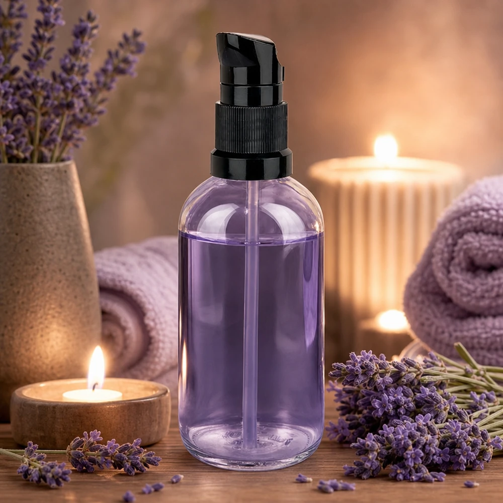 ClearLine UT18, flacon doseur de 100 ml, pompe noire, contenu couleur lavande, ambiance spa et bien-être