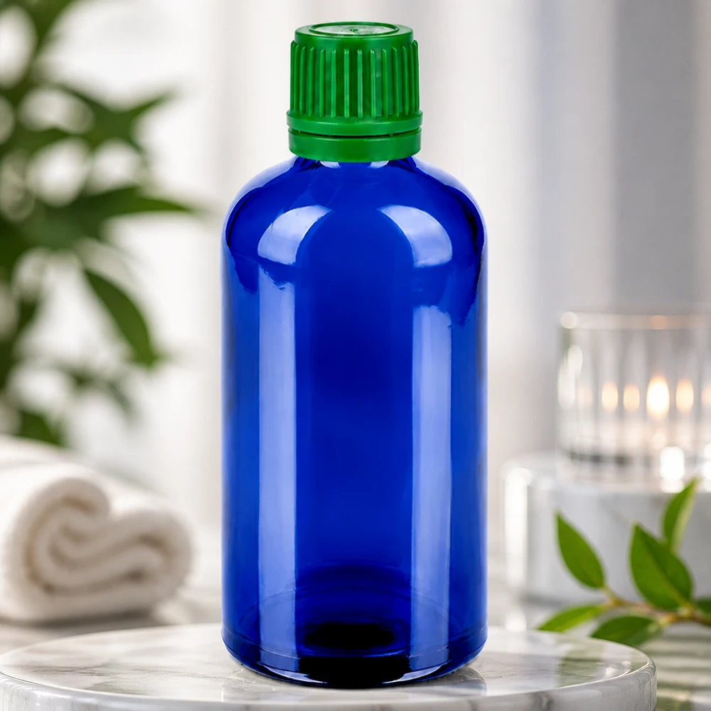 Flacon 100ml 11mm SV vert OV BlueLine UT18/100 Bouteille en verre maniable de 100 ml au design ergonomique bleu et au bouchon rapide vert pratique