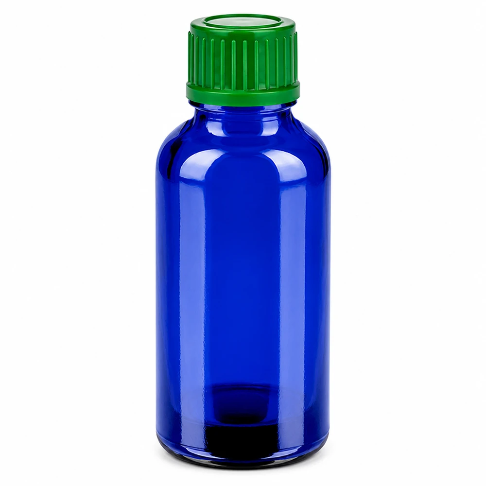 Flacon de 30ml 11mm SV vert STD BlueLine UT18/30 Flacon en verre de haute qualité 30ml bleu cobalt avec bouchon vert pour les substances sensibles à la lumière