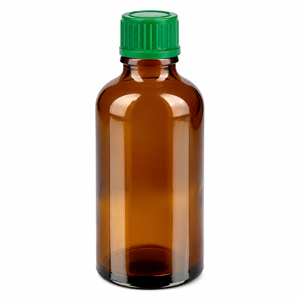 Flacon 50ml 11mm SV vert STD BrownLine UT18/50 Flacon en verre brun de 50ml avec bouchon à vis vert pour huiles essentielles