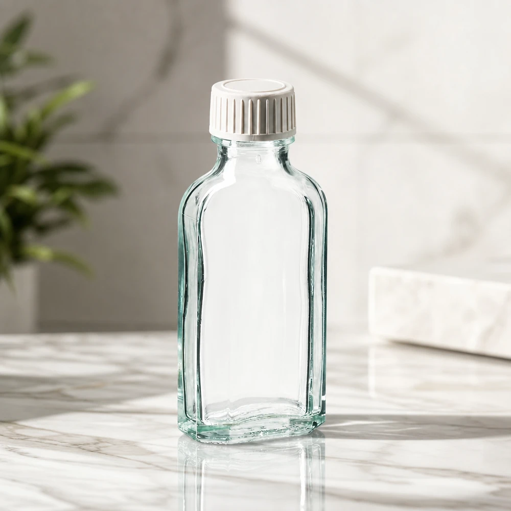 Flacon en verre à fond plat de 50 ml, transparent, avec bouchon à vis blanc à sécurité enfant