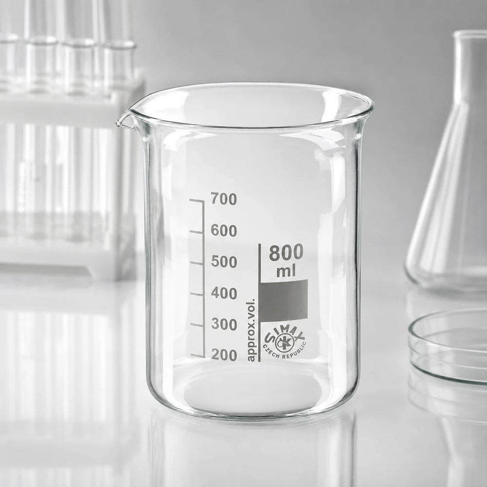 Bécher 800ml en verre borosilicate résistant à la chaleur (forme basse) Gobelet transparent 800ml en verre borosilicaté avec une échelle claire en millilitres pour des mesures précises