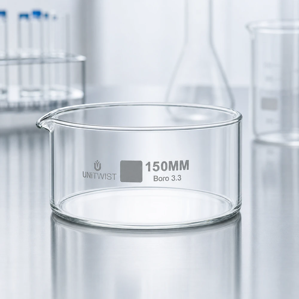 Cristallisoir ø150mm verre borosilicaté UNiTWIST Coupelle d'évaporation plate en verre, ø 150 mm, modèle UNiTWIST à profil bas, avec bec verseur, pour laboratoires