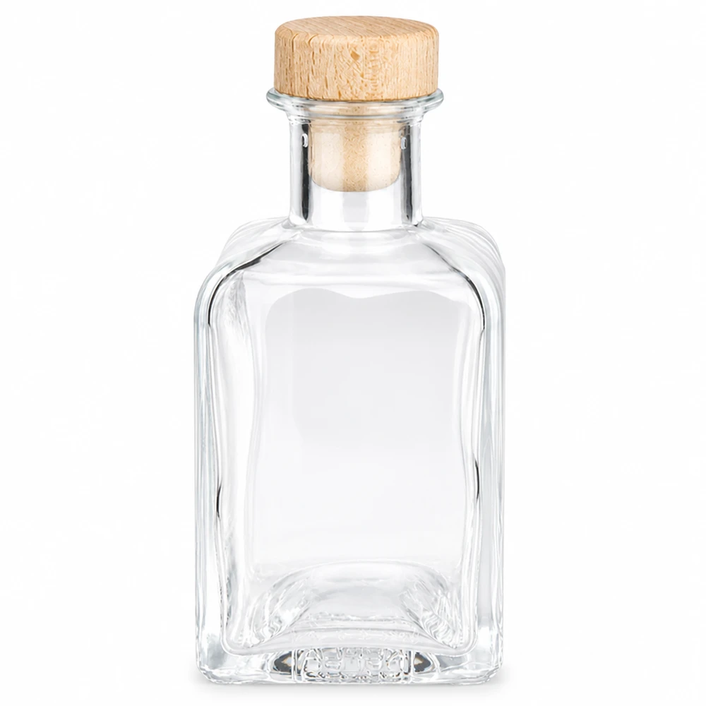 Flacon à pharmacie 200 ml « Clara » avec bouchon en bois UNiTWIST® Bouteille en verre Clara de 200ml avec bouchon en bois vide transparent rectangulaire Bouchon Déco