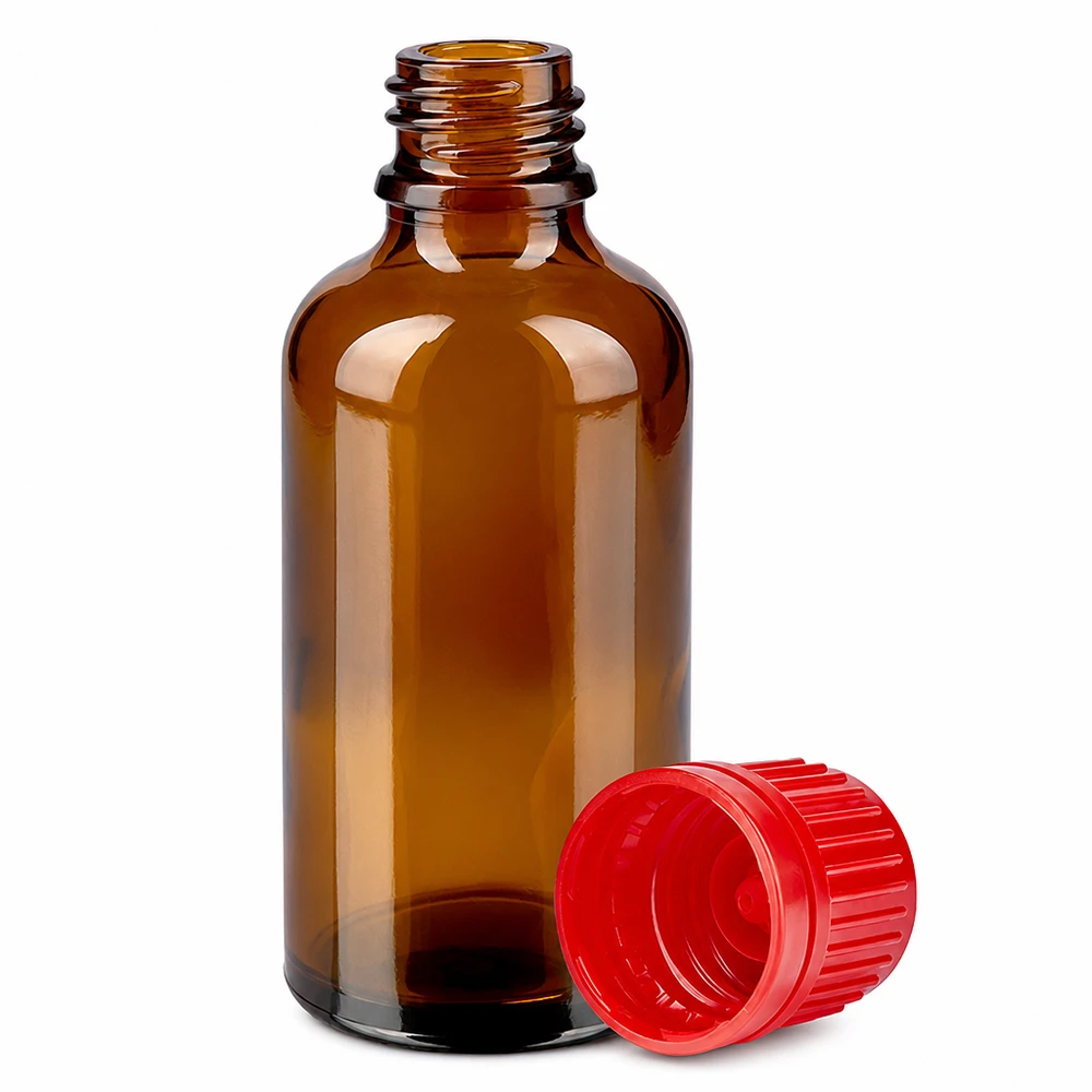 Flacon 50ml 11mm SV rouge OV BrownLine UT18/50 Flacon de pharmacie 50ml brun protection UV avec bouchon rouge pour substances sensibles à la lumière
