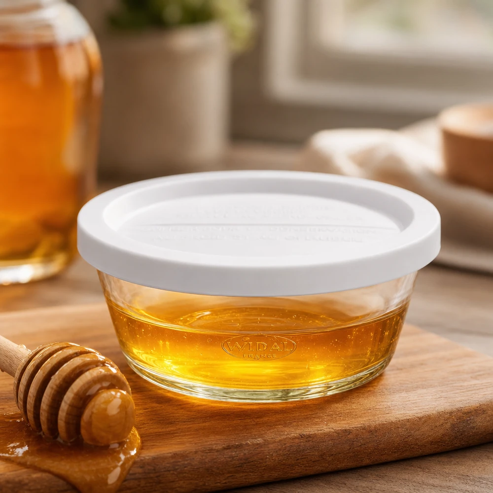 300ml bocal gourmet avec couvercle fraîcheur WECK RR120 WECK RR120 Pot gourmet 300ml rempli de miel sur planche en bois avec cuillère à miel comme exemple d'utilisation
