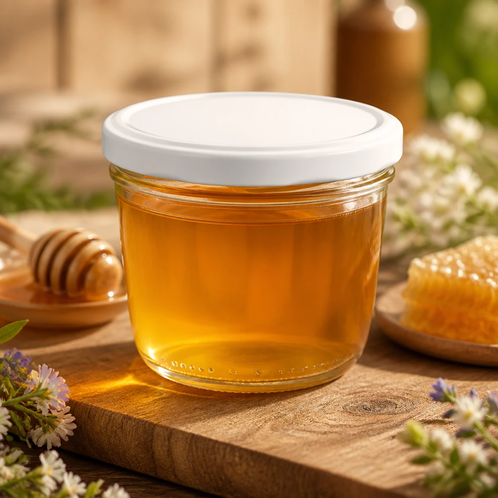 230ml Verre conique avec couvercle BasicSeal blanc UNiTWIST Pot de 230ml rempli de miel sur une planche en bois - parfait pour l'apiculture et la conservation d'aliments naturels.