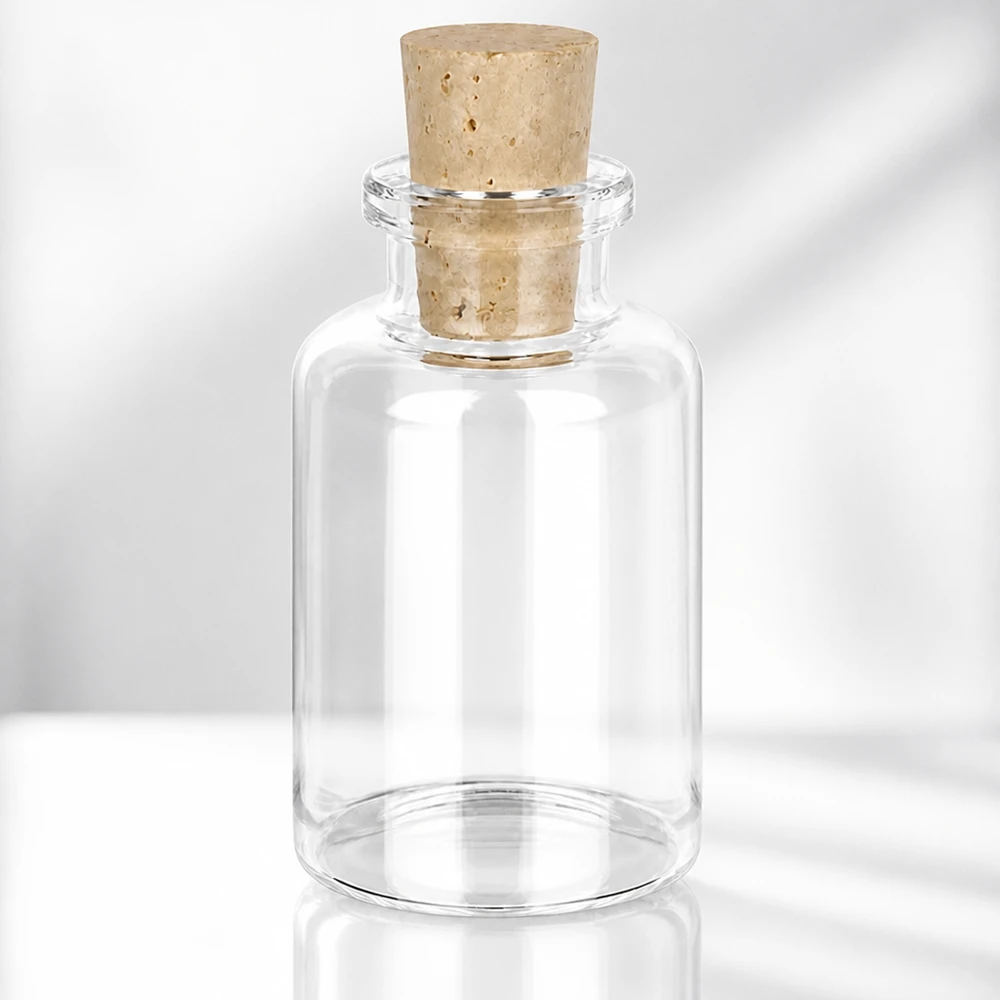 Flacon en verre clair 30 ml avec bouchon de liège 11/14 mm Glasflasche mit breitem Korpus 30ml und konischem Korken 11/14mm aus natürlichem Material