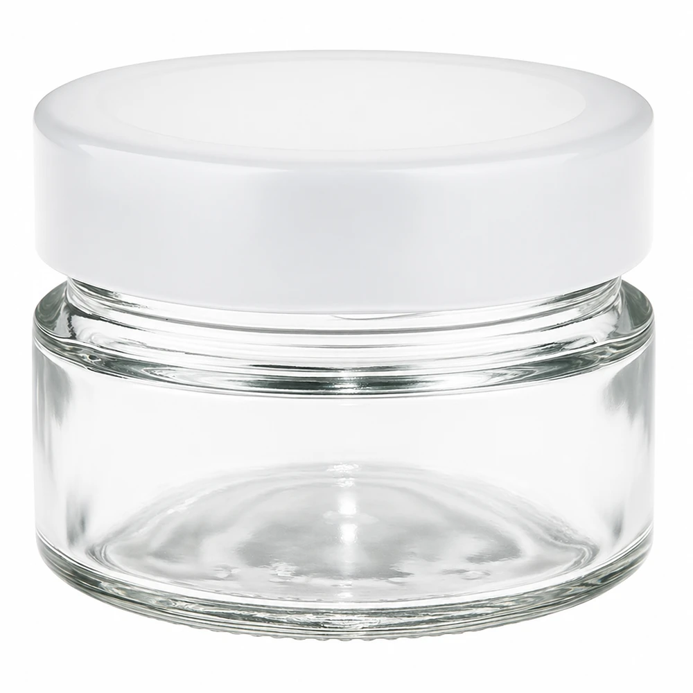 80ml Verre rond avec couvercle BasicSeal blanc UNiTWIST Pot rond de 80ml avec couvercle blanc BasicSeal - pot en verre transparent pour cosmétiques et rangement