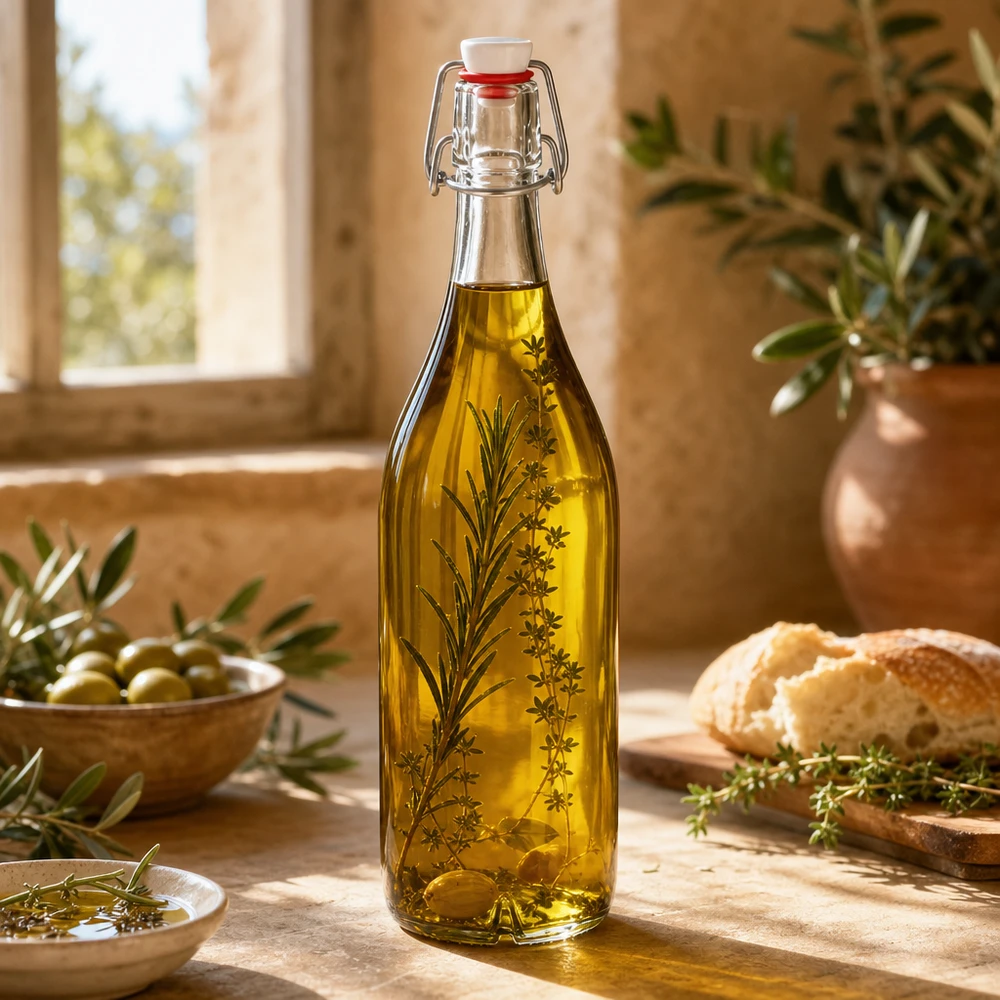 Bouteille en verre de 1000 ml avec bouchon à étrier remplie d'huile d'olive et d'herbes aromatiques Cuisine méditerranéenne Lifestyle Utilisation