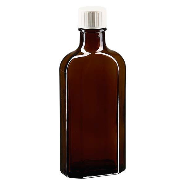Flasque brune de 125 ml au goulot DIN 22, avec bouchon à vis DIN 22 blanc et bague anti-gouttes Flasque brune de 125 ml au goulot DIN 22, avec bouchon à vis DIN 22 blanc et bague anti-gouttes