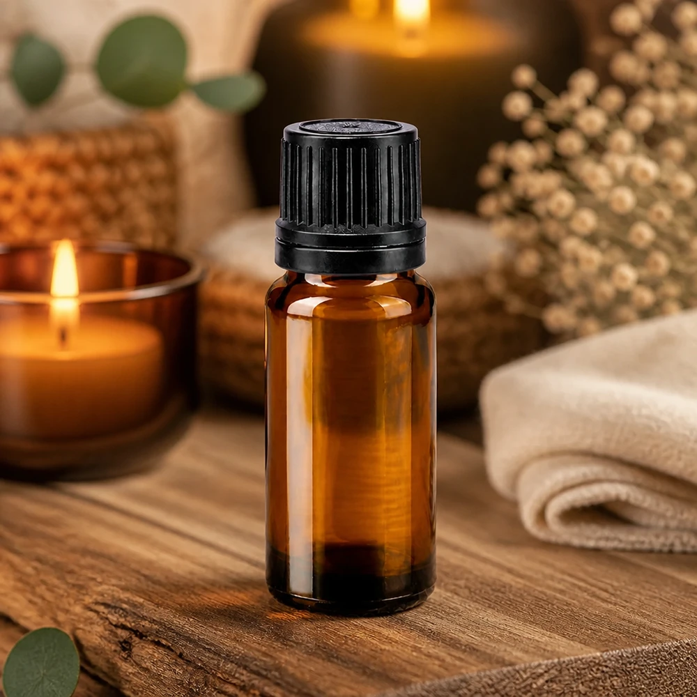 Flacon opac若 10 ml en verre de pharmacie avec compte-gouttes de 1 mm, dans une ambiance spa relaxante