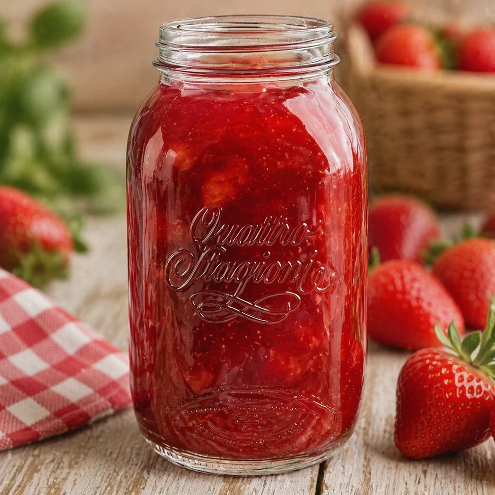 1500ml Quattro Stagioni Pot ménager rempli de confiture de fraises entouré de fraises fraîches sur table en bois
