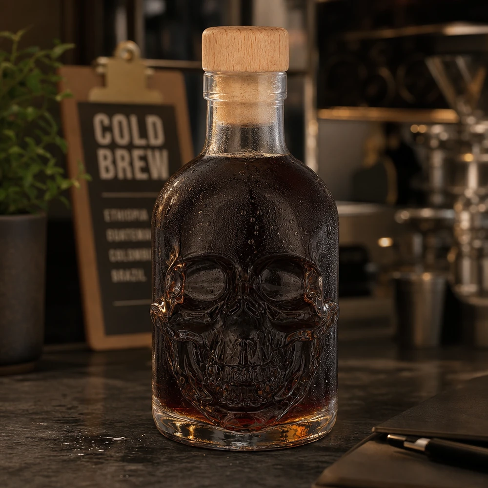 Bouteille en verre Jack 200ml à tête de mort contenant un spiritueux sombre dans une atmosphère de café, panneau Cold Brew en arrière-plan