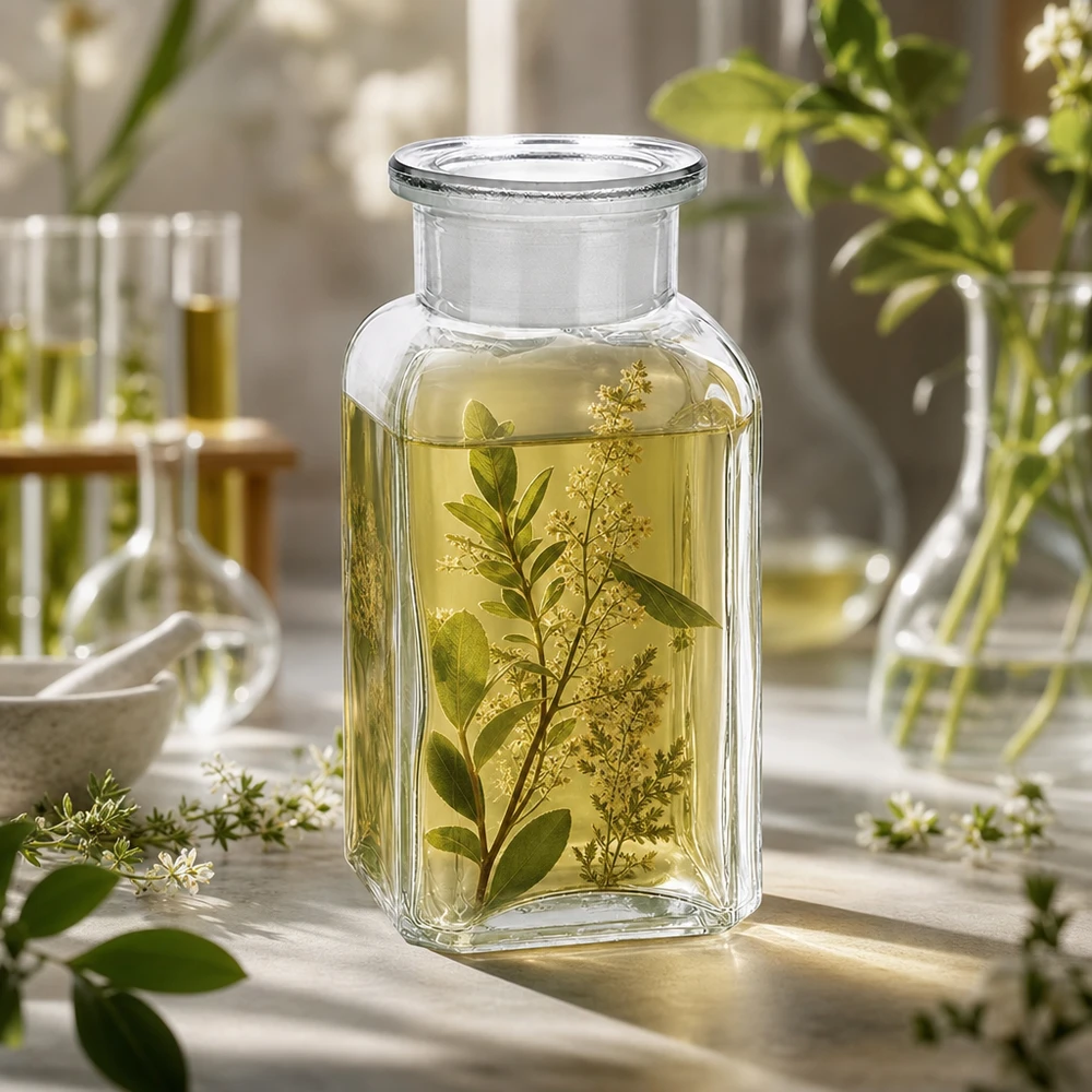 Flacon carré col large 100 ml + bouchon RIN, verre clair Petite bouteille carrée en verre de 100 ml à col large contenant de l'huile aux herbes, parmi du matériel de laboratoire