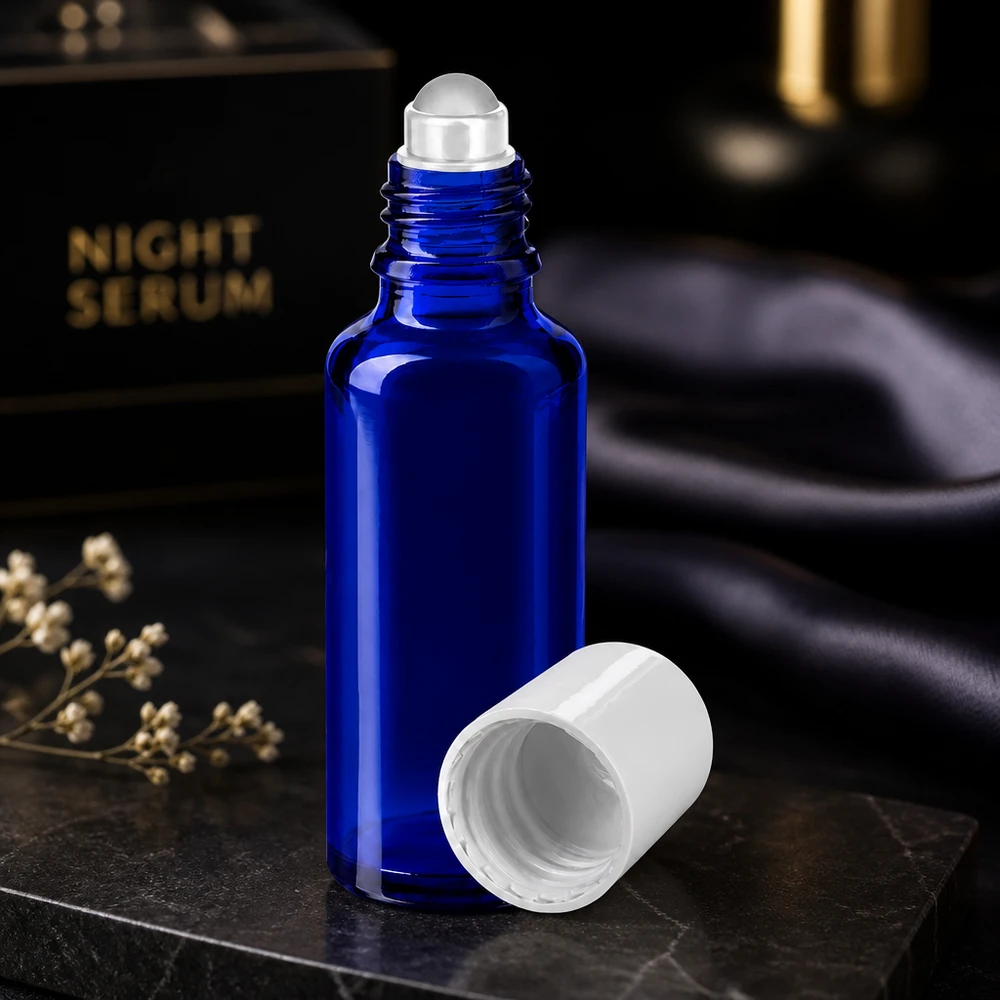 Flacon de pharmacie bleu 30ml Roll-On bouchon blanc Flacon à bille de 30 ml en verre anti-UV bleu avec bouchon blanc pour huiles essentielles