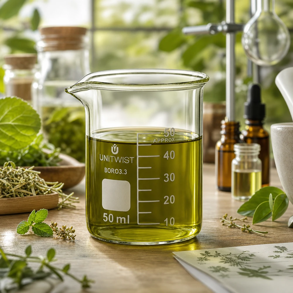 Bécher 50ml borosilicate, forme basse UNiTWIST Flacon de laboratoire UNiTWIST de 50 ml, de forme basse, contenant de l'huile essentielle, à côté d'un flacon en ambre et d'un mortier
