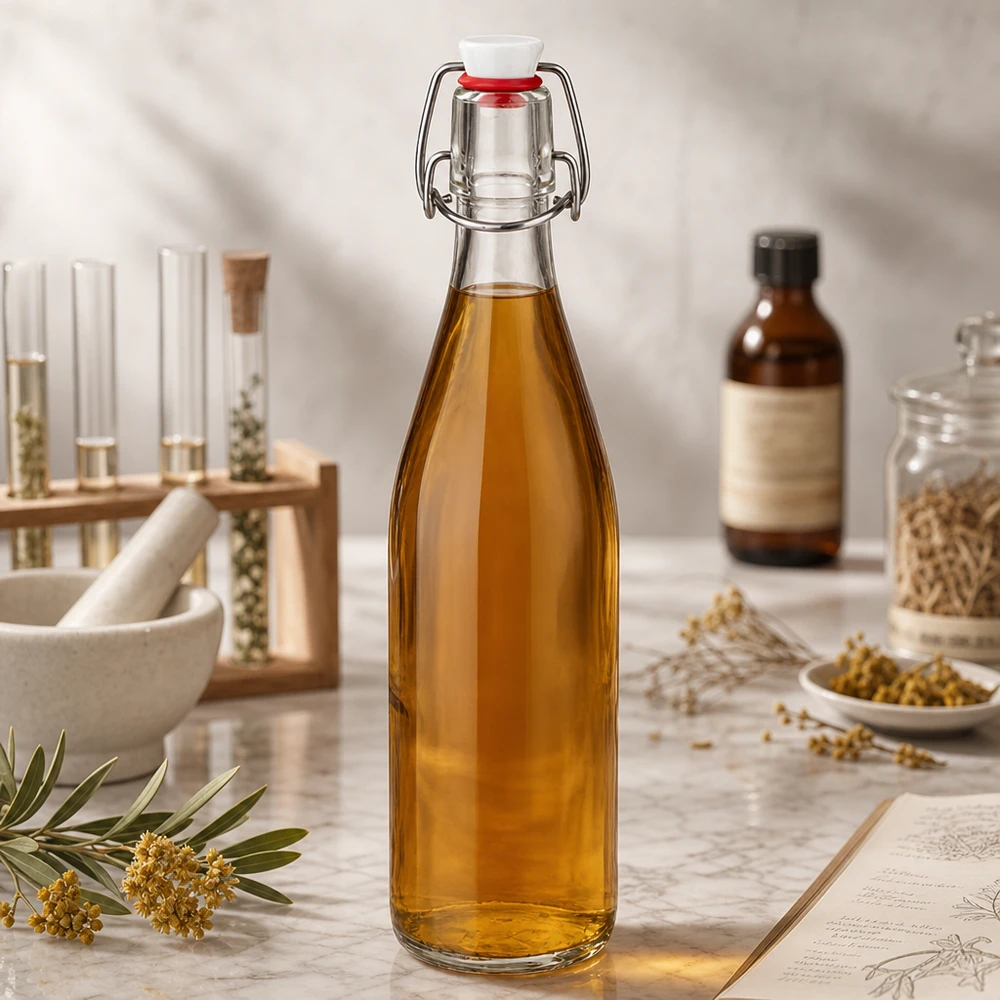 Bouteille en verre de 500 ml + bouchon mécanique en porcelaine UN.. Bouteille en verre de 500ml avec bouchon à étrier contenant un liquide doré dans un laboratoire de cosmétique naturelle à côté d'herbes et d'huiles