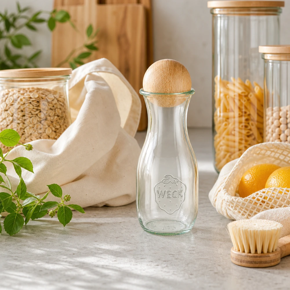 530ml Bouteille à jus de fruits WECK RR60 avec boule en bois en hêtre WECK Bouteille de jus 530ml avec boule en bois dans la cuisine durable zéro déchet à côté des sacs en jute et des bocaux à provisions