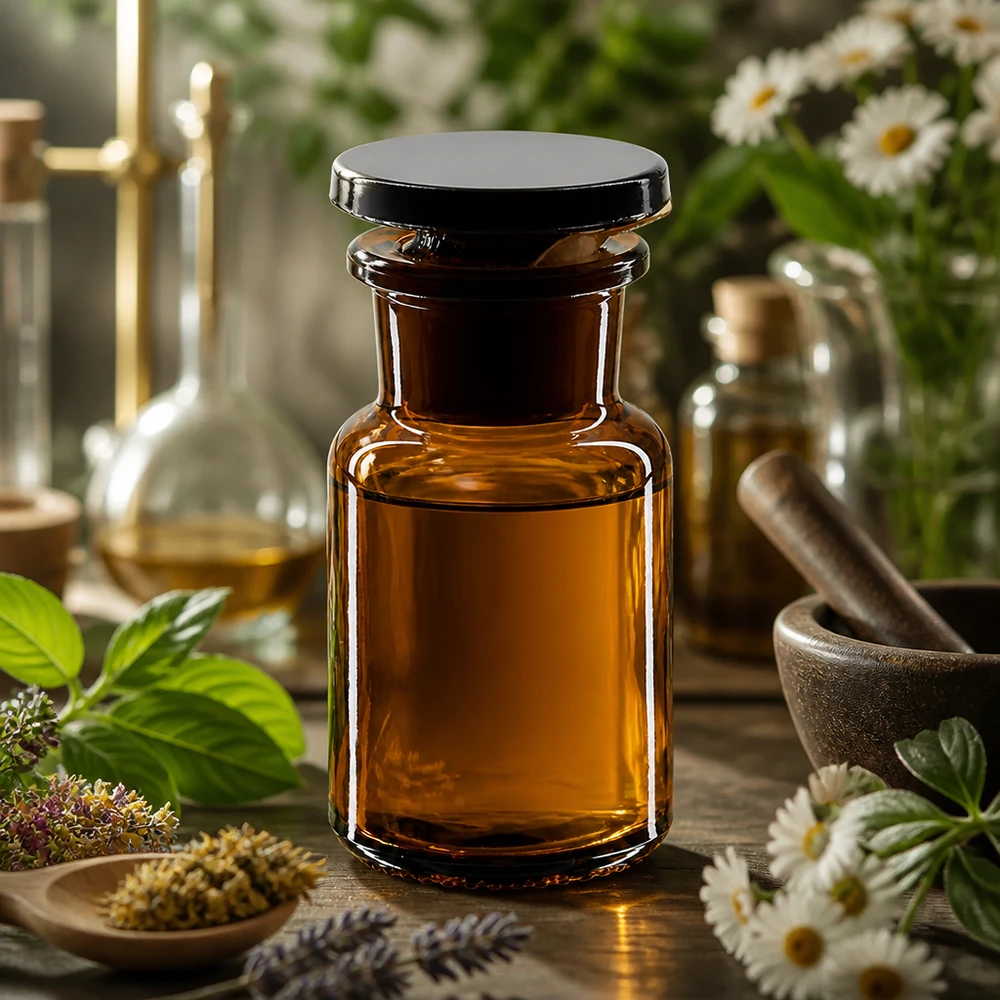 Flacon pharmaceutique 50 ml col large + bouchon verre ambré Flacon opac若 50 ml à épaulement arrondi, à col large et muni d'un bouchon en verre, destiné aux substances sensibles