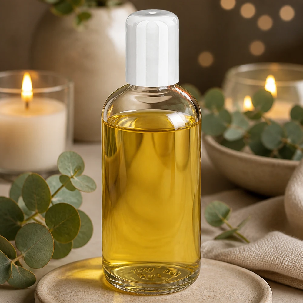 Flacon roll-on ClearLine de 100 ml avec bouchon blanc, rempli d'huile dorée devant des bougies