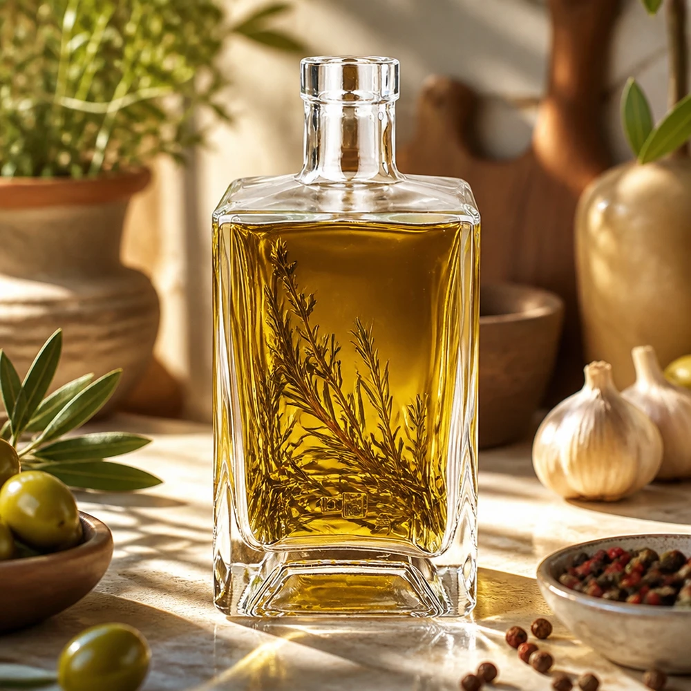 Bouteille en verre Ben 700ml remplie d'huile d'olive et d'herbes aromatiques dans la cuisine méditerranéenne comme exemple d'utilisation