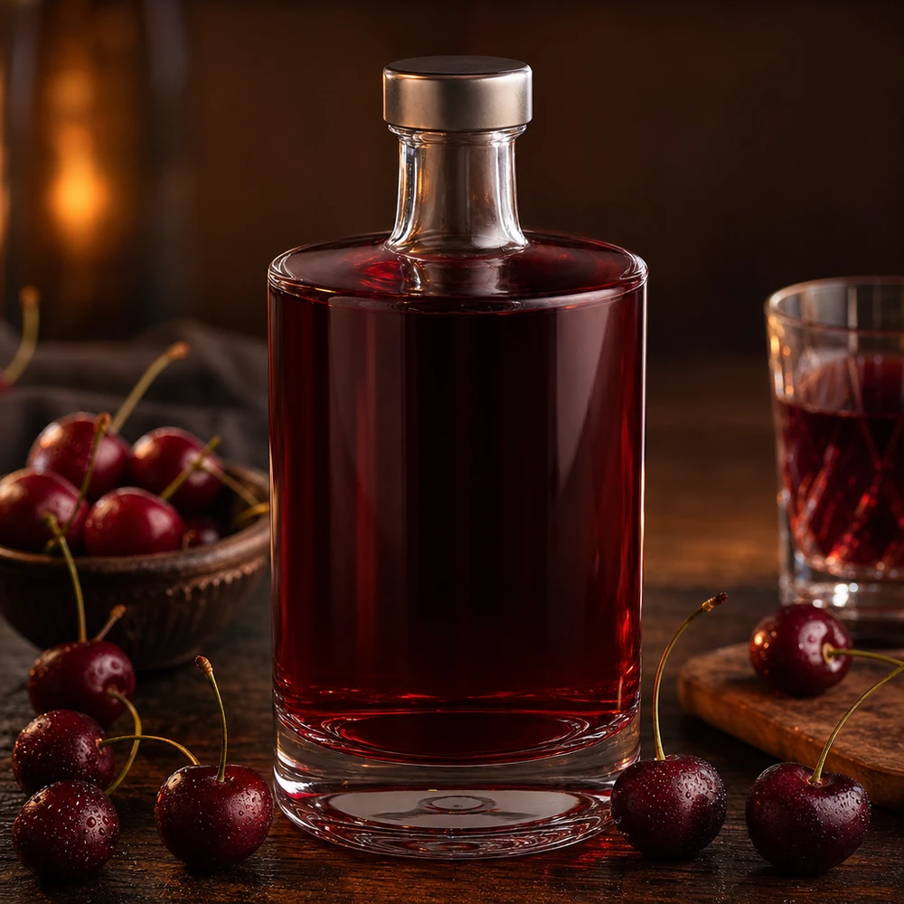 Bouteille en verre 500 ml « Sam » et bouchon à vis argenté UNiTWIST® Bouteille en verre de 500 ml Sam remplie de liqueur de cerise entre des cerises fraîches atmosphère de cheminée confortable moment de plaisir