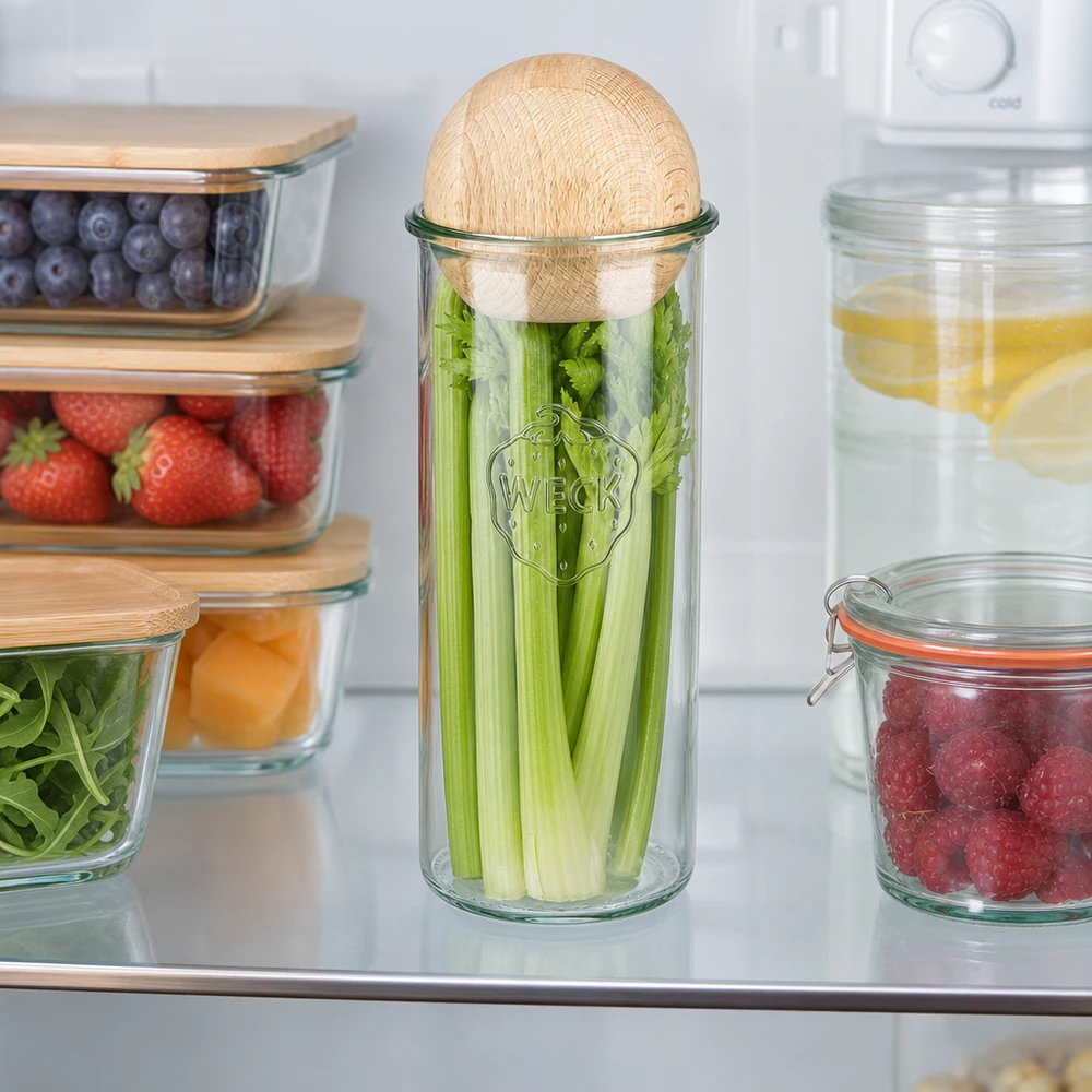 WECK Pot renversé 1500ml RR100 dans le réfrigérateur avec céleri, couvercle boule en bois hêtre, conservation de la fraîcheur des légumes