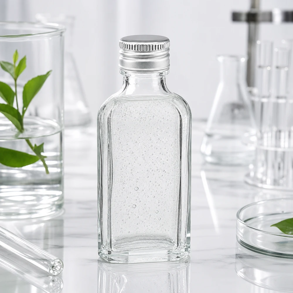 50 ml Meplat clair avec bouchon alu argent PP22 Petit flacon rectangulaire en verre transparent de 50 ml, modèle Meplat, avec bouchon à vis en aluminium PP22, destiné aux produits cosmétiques
