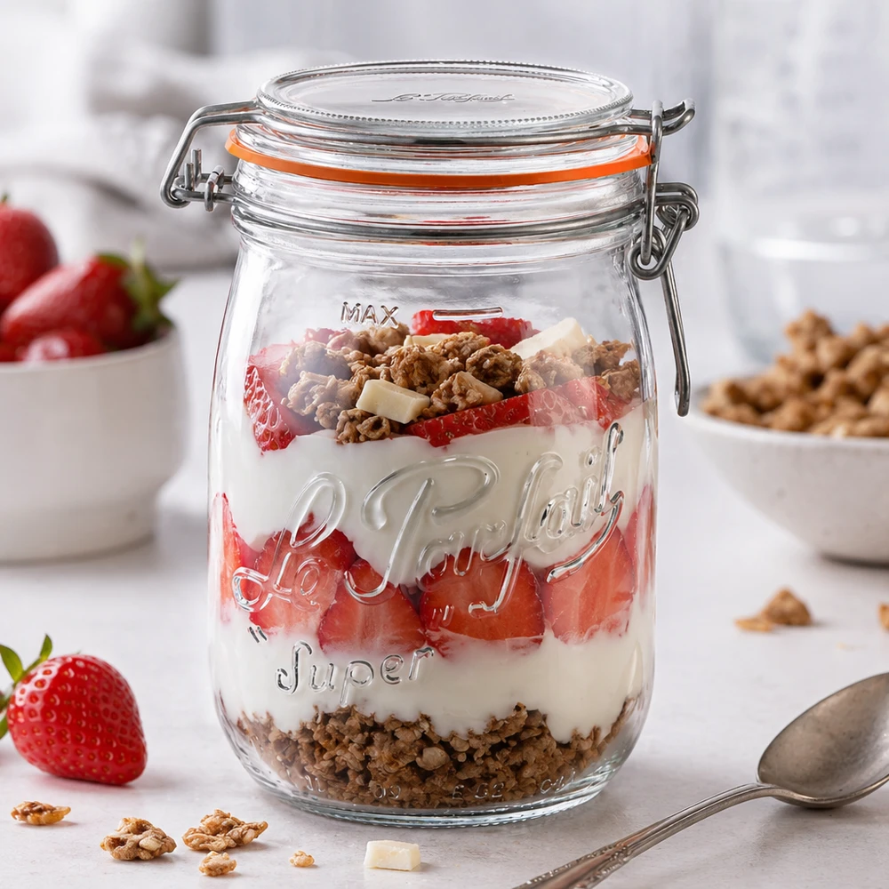 Bocal Le Parfait® 1 L Ø85 mm conserve 1000ml Le Parfait Super Pot à provisions avec fermeture à étrier rempli de yaourt fraises et de céréales pour le dessert