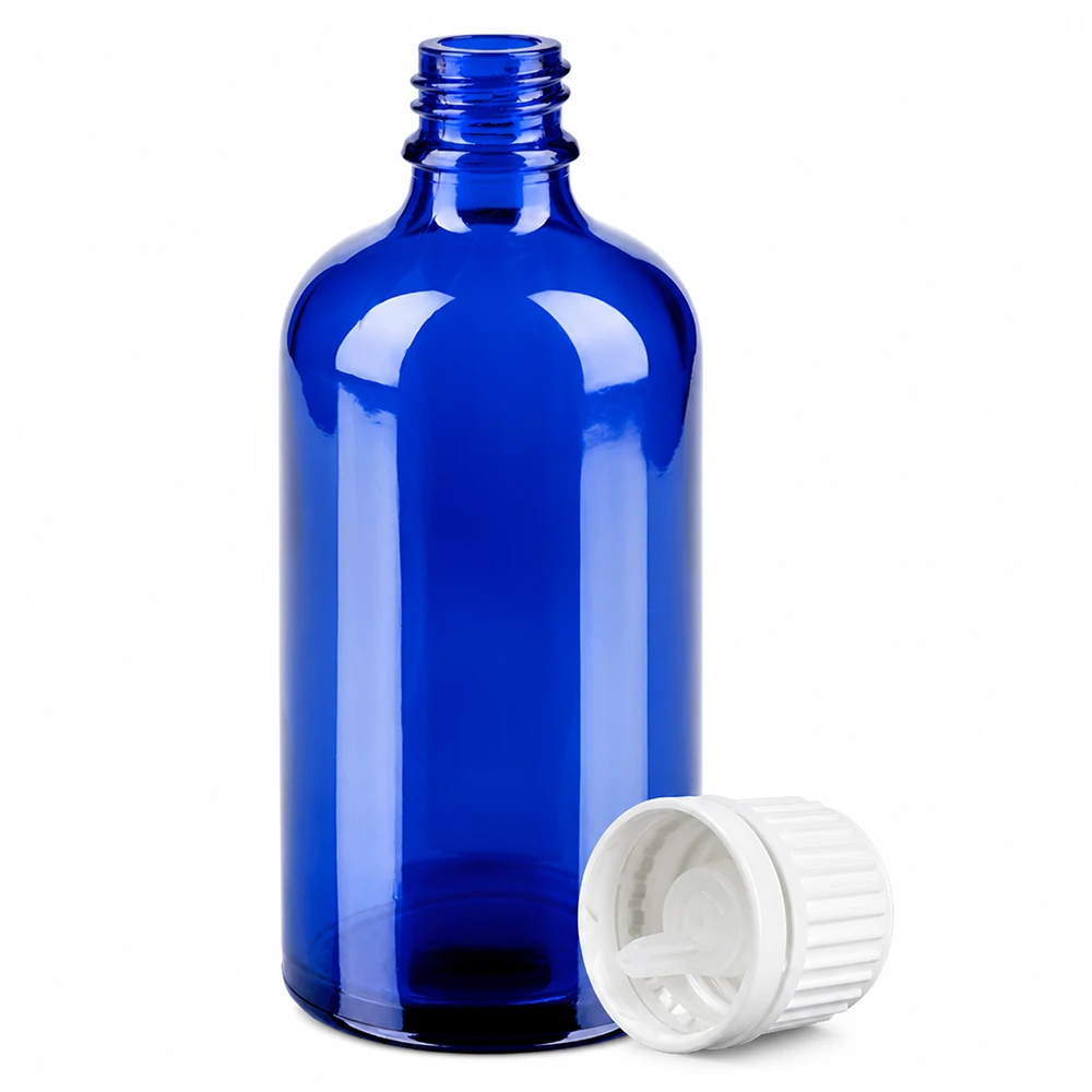 100ml flacon compte-gouttes 0.7mm blanc OV BlueLine UT18/100 Flacon compte-gouttes de haute qualité en verre bleu 100ml avec bouchon à vis blanc pour l'aromathérapie