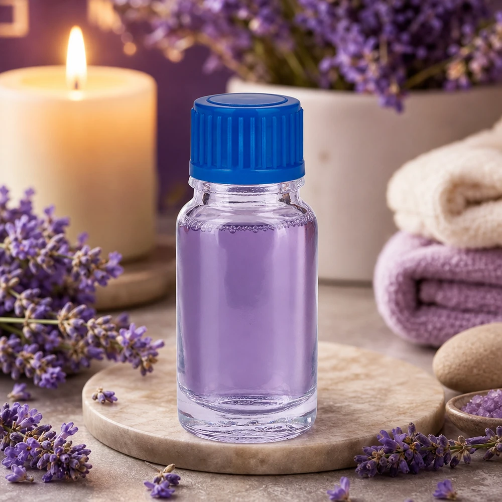 Flacon ClearLine UT18/10 de 10 ml d'huile de lavande avec bouchon à vis bleu de 11 mm - Aromathérapie Spa