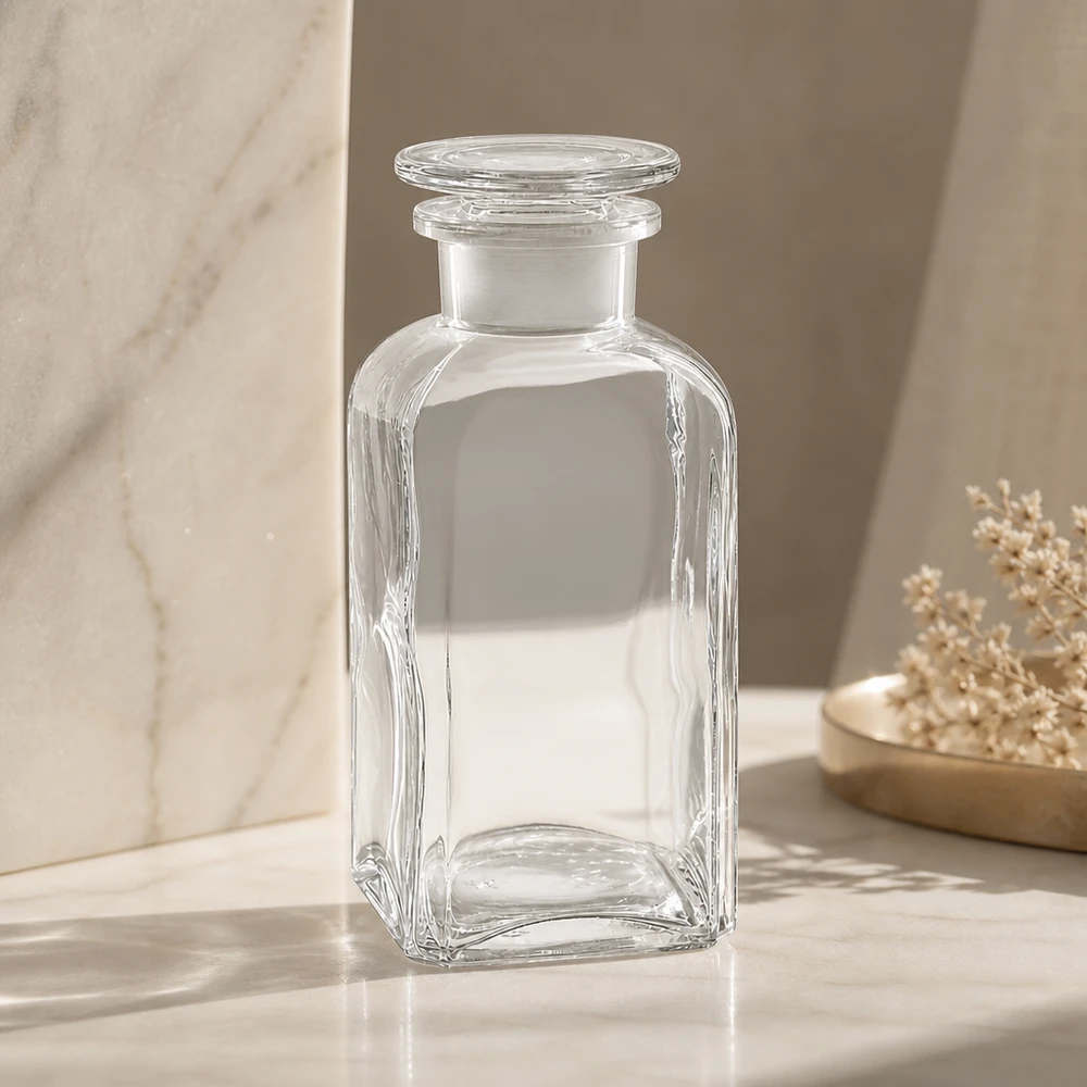 Flacon carré col large 350 ml + bouchon RIN, verre clair Bouteille à col large de 350 ml, de forme carrée, en verre transparent, avec un couvercle en verre, pour la salle de bains et la cuisine
