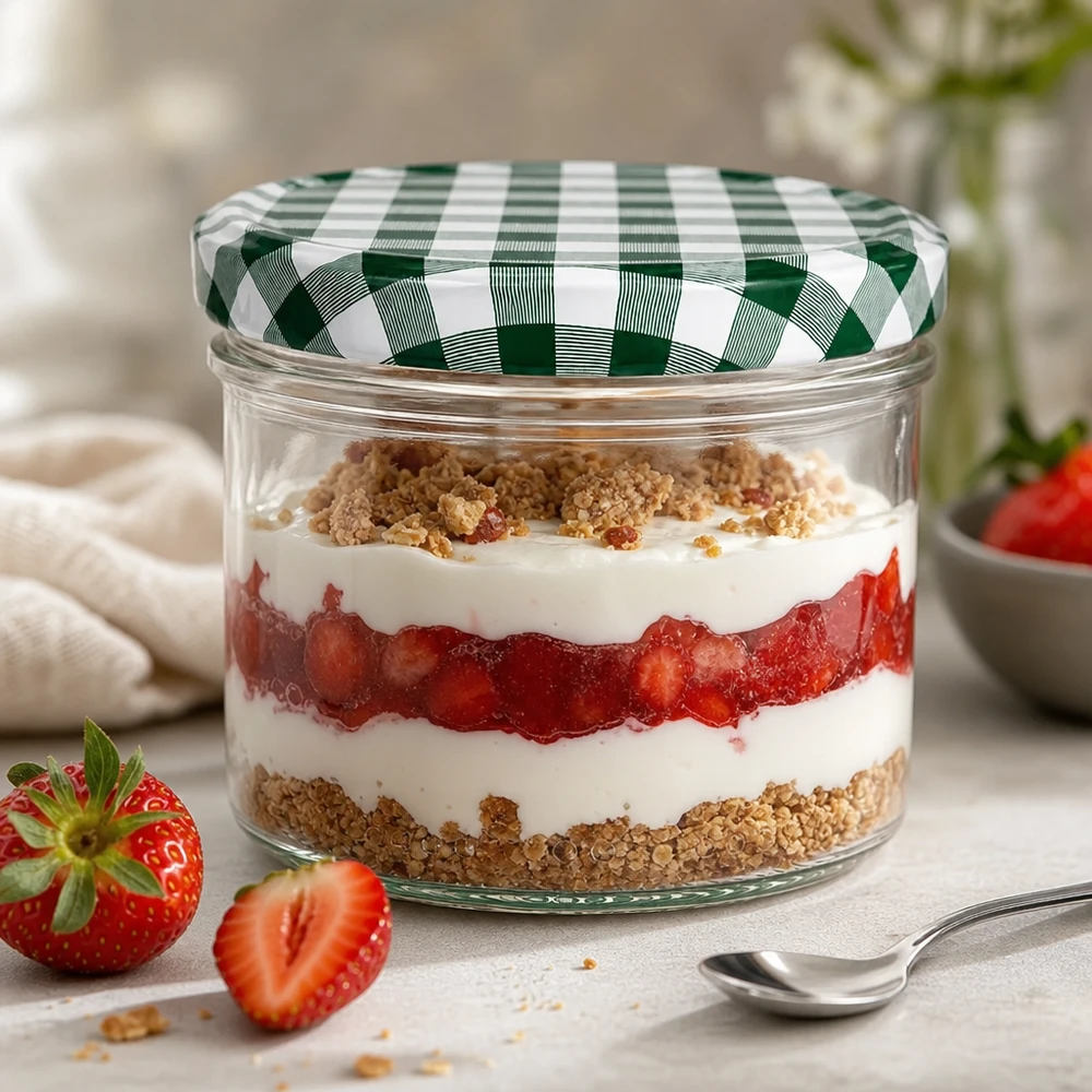 Verre cylindrique de 230 ml avec stratification de fraises et couvercle BasicSeal à carreaux verts et blancs comme verre à dessert