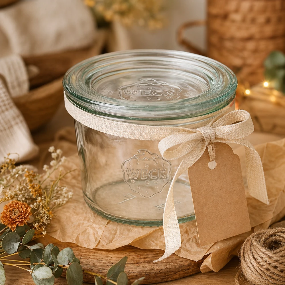 Bocal en verre de 80 ml avec couvercle en verre WECK RR60 WECK Verre renversé 80ml RR60 mis en scène de manière décorative avec un ruban cadeau et une décoration d'automne sur une table en bois