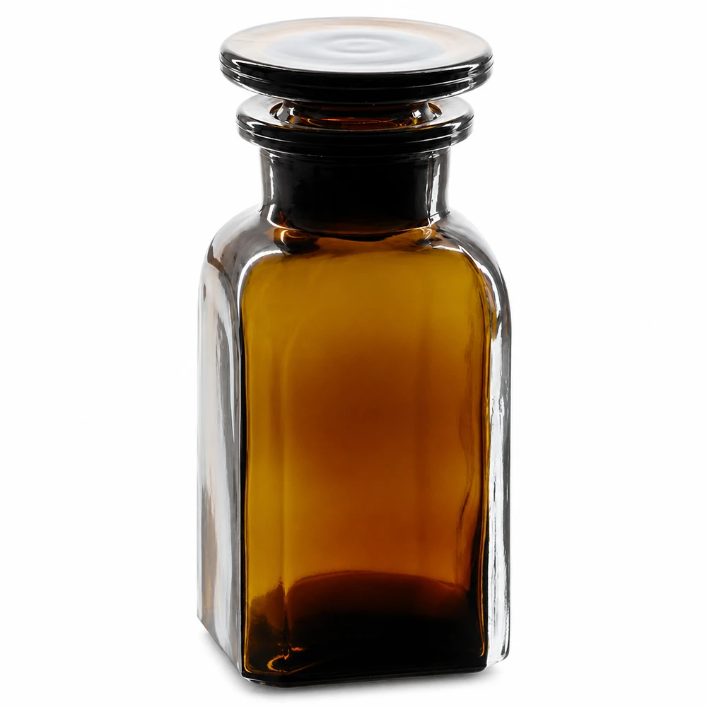 Flacon carré col large 100 ml + bouchon RIN, verre ambré Flacon de laboratoire en verre ambré de 100 ml, de forme carrée, avec bouchon en verre et protection contre les UV