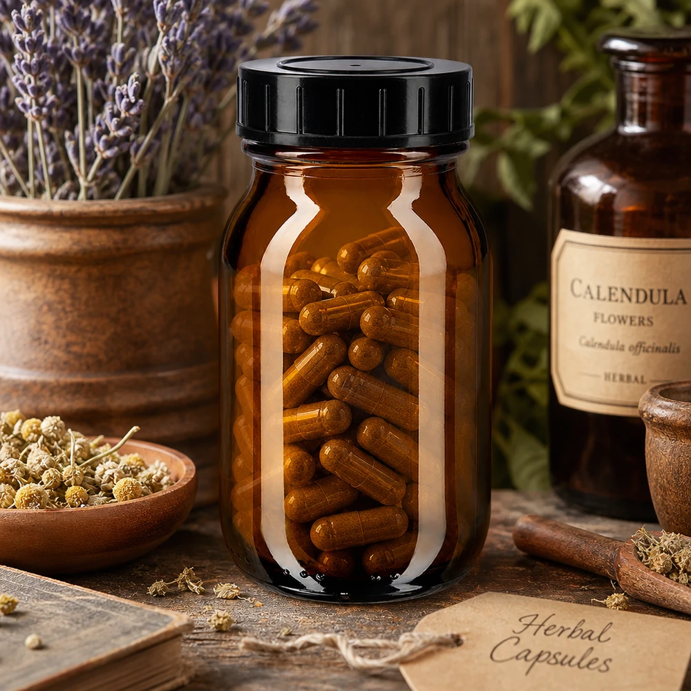 Bouteille en verre brun à col large 100ml avec bouchon à vis pratique pour gélules et comprimés