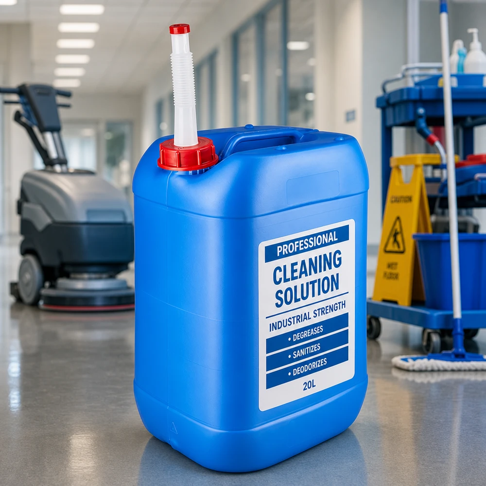 Bidon bleu de 25 litres avec tube de remplissage flexible pour solutions de nettoyage industrielles