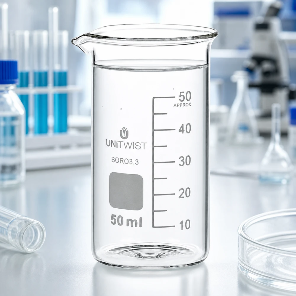 Verre à bec 50 ml, modèle haut, UNITWIST, en borosilicate, avec bec verseur et graduation